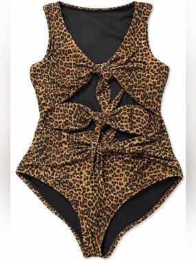 Leopard / Animal Print Knot One-Piece Swimsuit - Brown & Black